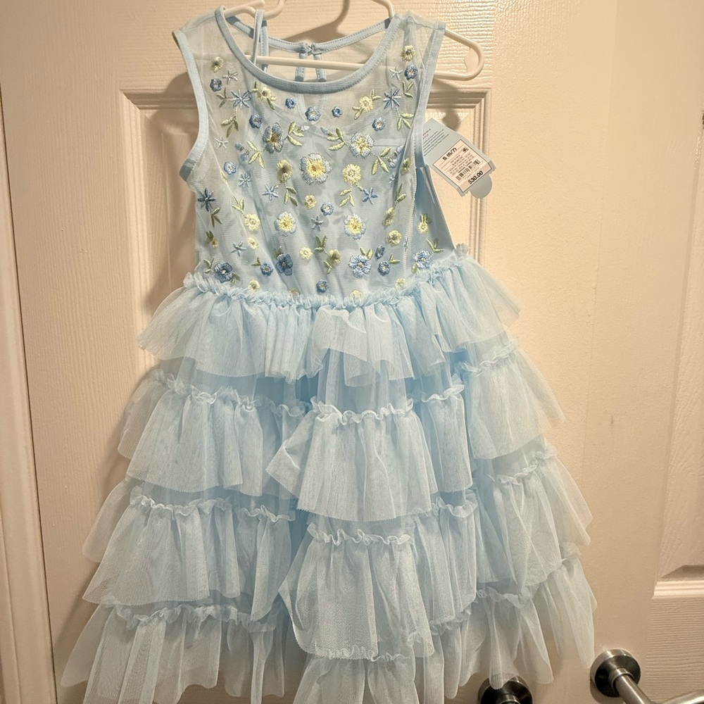 Light Blue Tiered Ruffle kids Dress with Floral Embroidery